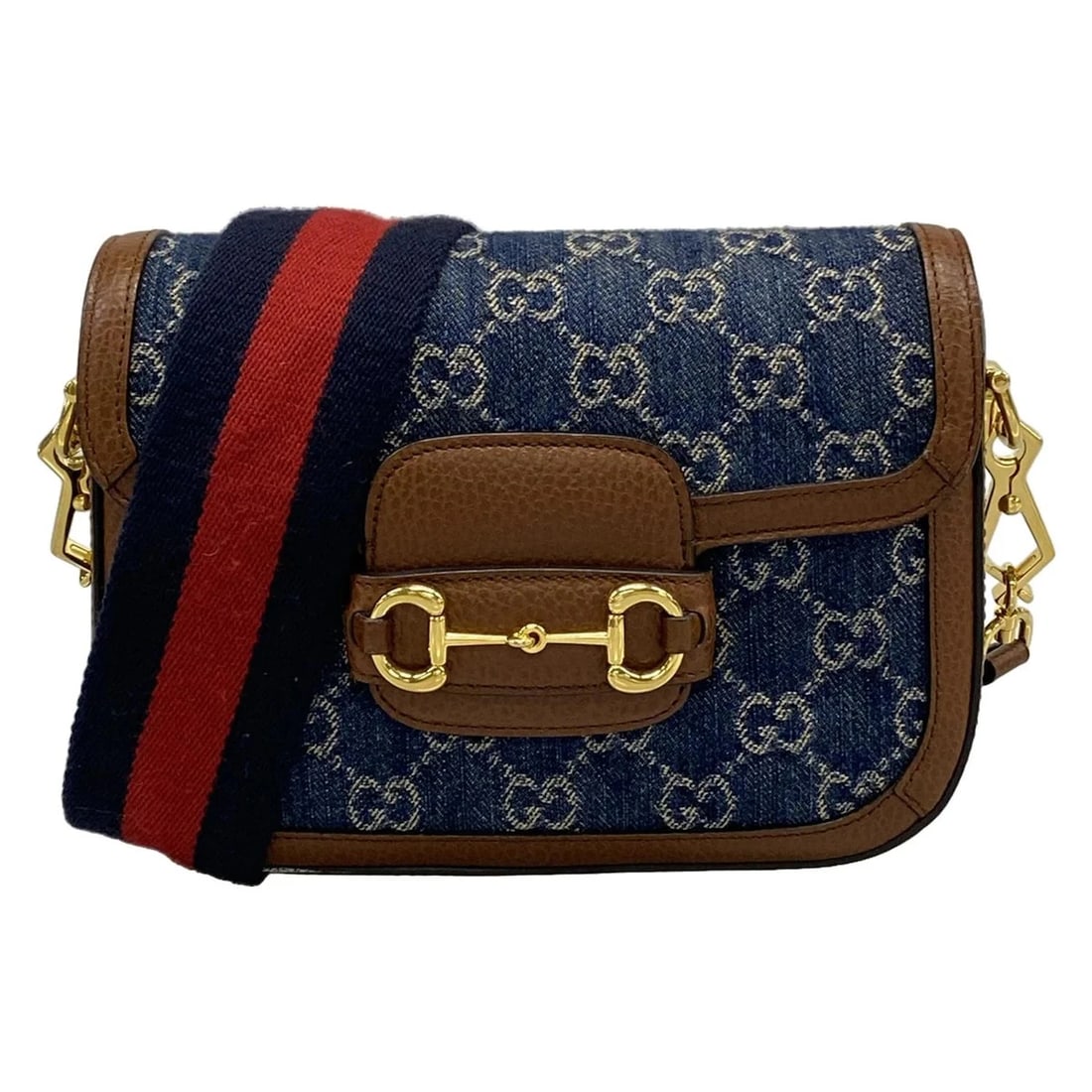 GUCCI HORSEBIT PATTERN NAVY BROWN MULTI DENIM LEATHER: GUCCI Horsebit Pattern Navy Brown Multi Denim Leather Brand: GUCCI Type: Shoulder Bag Material: Denim, Leather Color: Navy, Brown, Multi Size: Height : 5.91 inch (15 cm) Width : 8.07 inch (20.5 cm
