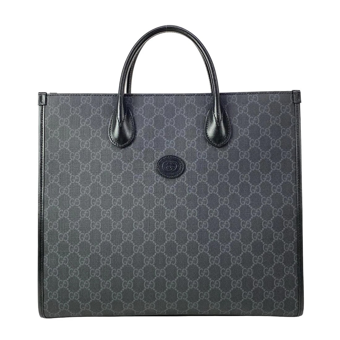 GUCCI INTERLOCKING TOTE BLACK DARK GRAY PVC LEATHER TOTE BAG: GUCCI Interlocking Tote Black Dark Gray PVC Leather Tote Bag Brand: GUCCI Type: Tote Bag Material: PVC, Leather Color: Black, Dark Gray Size: Height : 12.8 inch (32.5 cm) Width : 14.57 inch (37 cm