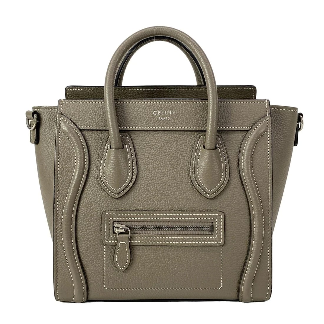 CELINE LUGGAGE NANO SHOPPER PICKPOCKET (GRAY-BEIGE) HANDBAG: CELINE Luggage Nano Shopper Pickpocket (gray-beige) Handbag Brand: CELINE Type: Handbag Material: Drummed calfskin Color: Pickpocket (gray-beige) Size: Height : 8.07 inch (20.5 cm) Width : 7.87 in
