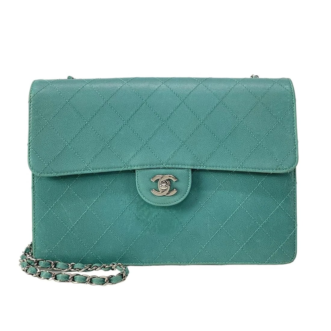 CHANEL LARGE MATELASSE - LIGHT GREEN CALFSKIN SHOULDER BAG: CHANEL Large Matelasse - Light Green Calfskin Shoulder Bag Brand: CHANEL Type: Shoulder Bag Material: Calfskin Color: Light Green Size: Height : 8.27 inch (21 cm) Width : 11.81 inch (30 cm) Depth