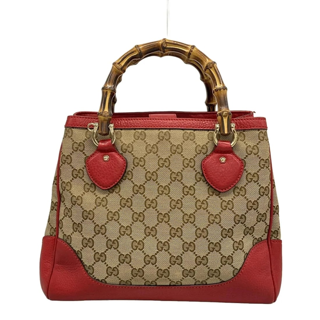 GUCCI GG/BAMBOO RED BEIGE DARK BROWN LEATHER HANDBAG: GUCCI GG/Bamboo Red Beige Dark Brown Leather Handbag Brand: GUCCI Type: Handbag Material: Jacquard, Leather Color: Red, Beige, Dark Brown Size: Height : 9.06 inch (23 cm) Width : 9.45 inch (24 cm)