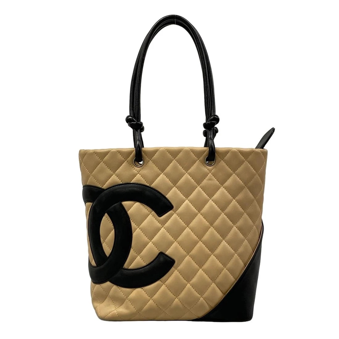 CHANEL CAMBON LINE MEDIUM TOTE BEIGE BLACK LAMBSKIN HANDBAG: CHANEL Cambon Line Medium Tote Beige Black Lambskin Handbag Brand: CHANEL Type: Handbag Material: Lambskin Color: Beige, Black Size: Height : 9.25 inch (23.5 cm) Width : 8.27 inch (21 cm) - 10.43