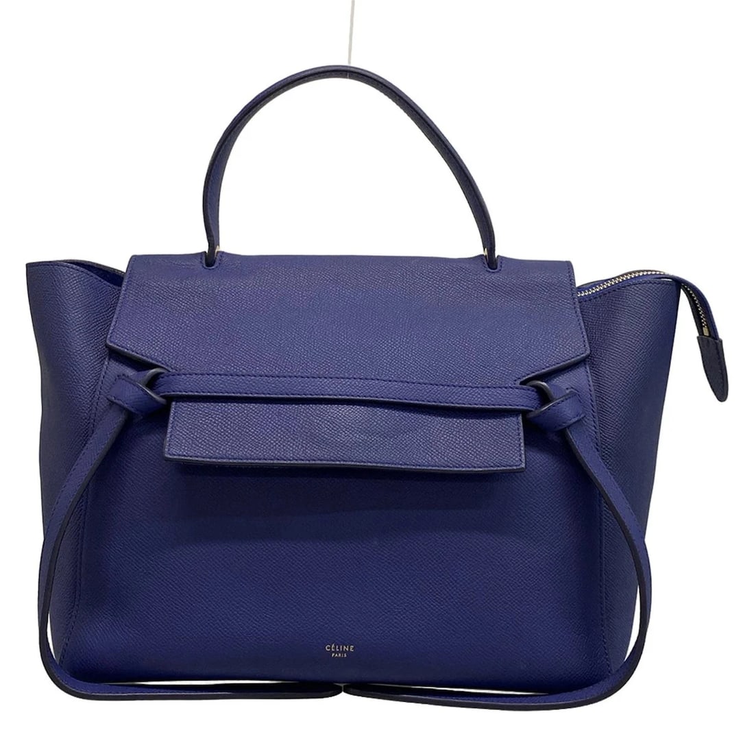 CELINE BELT BAG MINI 2WAY BLUE GRAINED CALFSKIN UNISEX HANDBAG: CELINE Belt bag mini 2WAY Blue Grained Calfskin Unisex Handbag Brand: CELINE Type: Handbag Material: Grained Calfskin Color: Blue Size: Height : 9.45 inch (24 cm) Width : 11.02 inch - 15.75 inch D