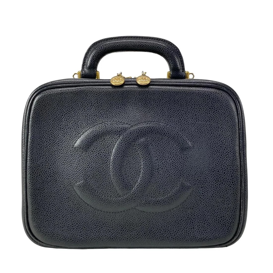 CHANEL BLACK CALFSKIN VANITY BAG: CHANEL Black Calfskin Vanity Bag Brand: CHANEL Type: Vanity Bag Material: Calfskin Color: Black Size: Height : 6.89 inch (17.5 cm) Width : 9.06 inch (23 cm) Depth : 3.94 inch (10 cm) Handle : 1.18
