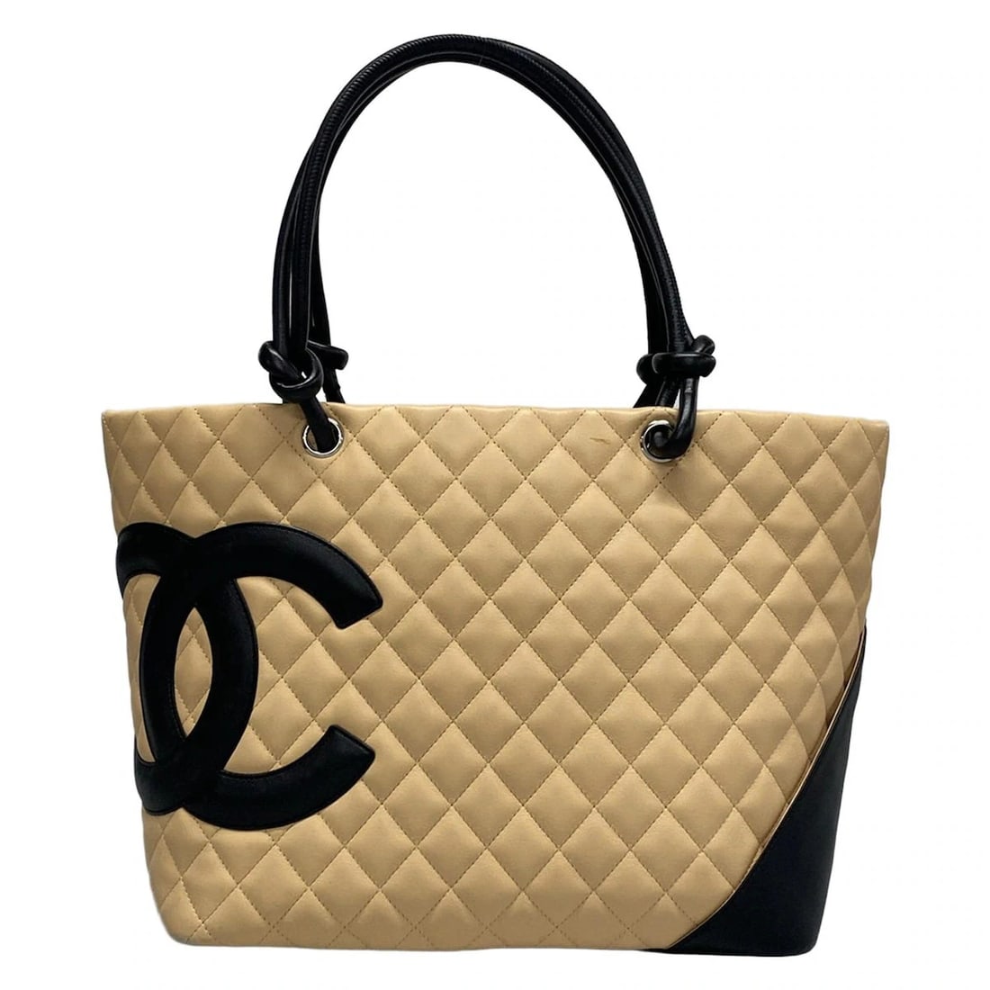 CHANEL CAMBON LINE LARGE TOTE BEIGE BLACK LAMBSKIN TOTE BAG: CHANEL Cambon Line Large Tote Beige Black Lambskin Tote Bag Brand: CHANEL Type: Tote Bag Material: Lambskin Color: Beige, Black Size: Height : 9.65 inch (24.5 cm) Width : 11.81 inch - 14.76 inch D