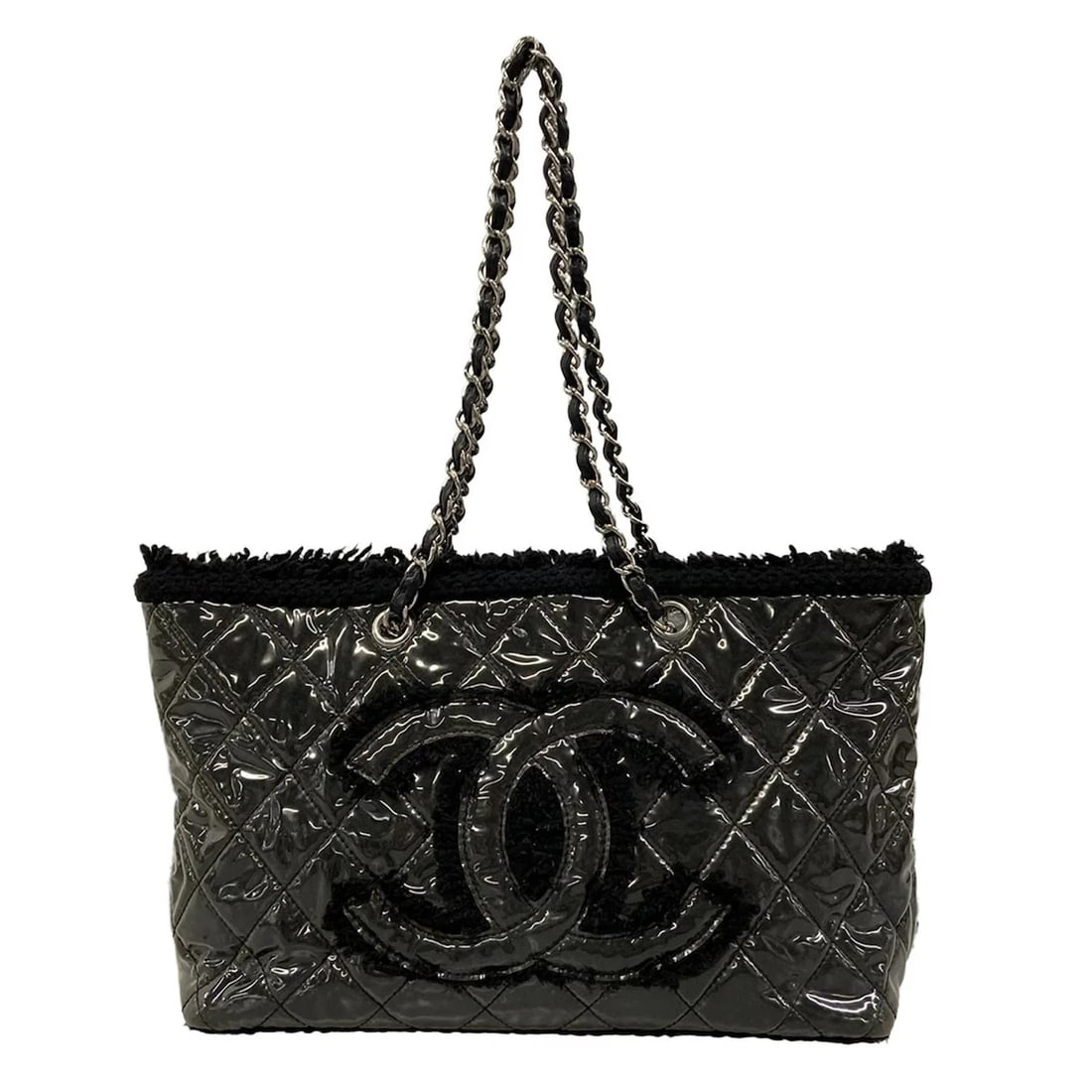 CHANEL PATENT TOILETTE CHAIN TOTE BLACK VINYL TWEEDS TOTE BAG: CHANEL Patent Toilette Chain Tote Black Vinyl Tweeds Tote Bag Brand: CHANEL Type: Tote Bag Material: Vinyl, Tweeds Color: Black Size: Height : 9.06 inch (23 cm) Width : 14.17 inch (36 cm) - 17.13