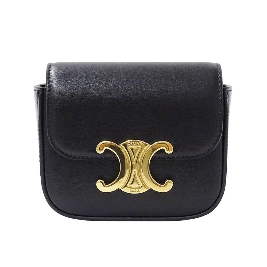 CELINE SHINY CALFSKIN TRIOMPHE MINI CLAUDE SHOULDER BAG: Celine Shiny Calfskin Triomphe Mini Claude Shoulder Bag Brand: Celine Type: Handbag Material: Shiny Calfskin Color: Black Size: W: 11.5cm (back) / H: 11cm / D: 4cm (bottom) / Shoulder: 95-123cm A