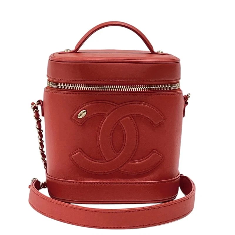 CHANEL COCO MARK CHAIN VANITY BAG RED GHW LAMBSKIN SHOULDER BAG: CHANEL Coco Mark Chain Vanity Bag Red GHW Lambskin Shoulder Bag Brand: CHANEL Type: Handbag Material: Lambskin Color: Red / GD Hardware Size: W: 15cm / H: 16cm / D: 12cm / Shoulder: 132cm Accesso