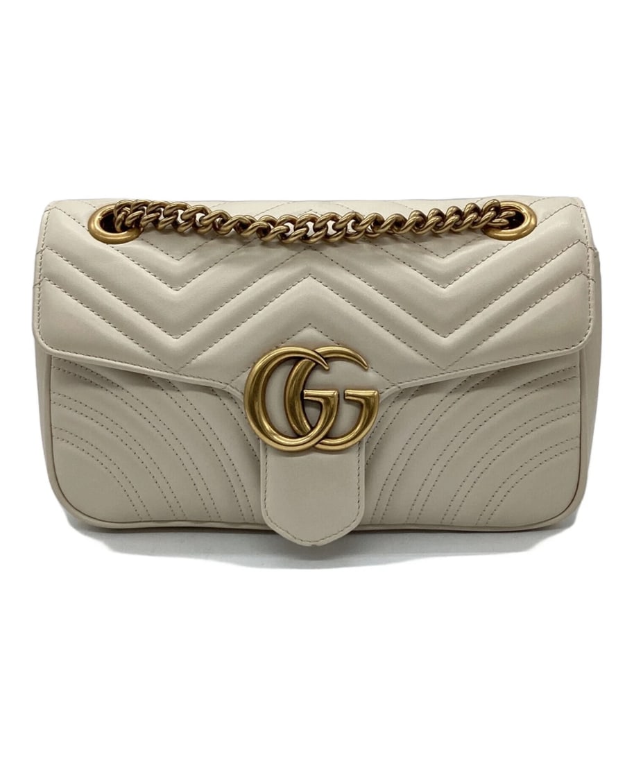 GUCCI GG MARMONT LEATHER CHAIN SHOULDER BAG: GUCCI GG Marmont Leather Chain Shoulder Bag Brand: GUCCI Type: Handbag Material: none Color: Ivory Size: H:16.5cm / W:26cm / D:8cm Accessories: None Accessories Notice: When purchasing pre
