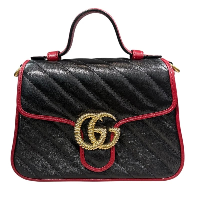 GUCCI GG MARMONT MINI TOP HANDLE BLACK & RED SHOULDER BAG: GUCCI GG Marmont Mini Top Handle Black & Red Shoulder Bag Brand: GUCCI Type: Handbag Material: Leather Color: Black/Red Size: W: 21cm / H: 15cm / D: 7.5cm / Shoulder: 110cm Accessories: None <