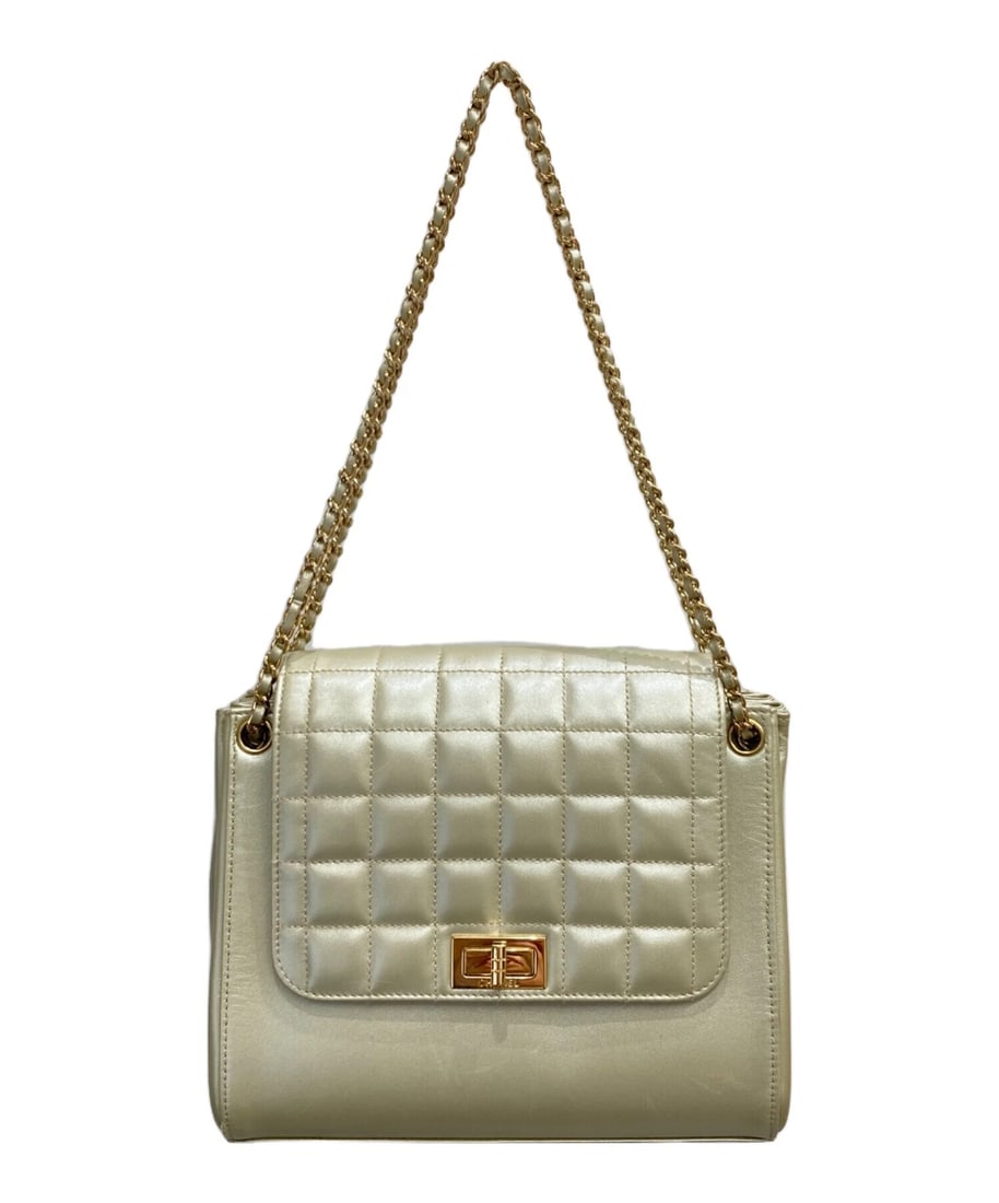 CHANEL LOCK CHAIN SHOULDER BAG: CHANEL Lock Chain Shoulder Bag Brand: CHANEL Type: Handbag Material: Lambskin Color: Gold Size: H:19cm / W:22.5cm / D:10.5cm [ Handle size ] 23cm Accessories: None Accessories Notice: When