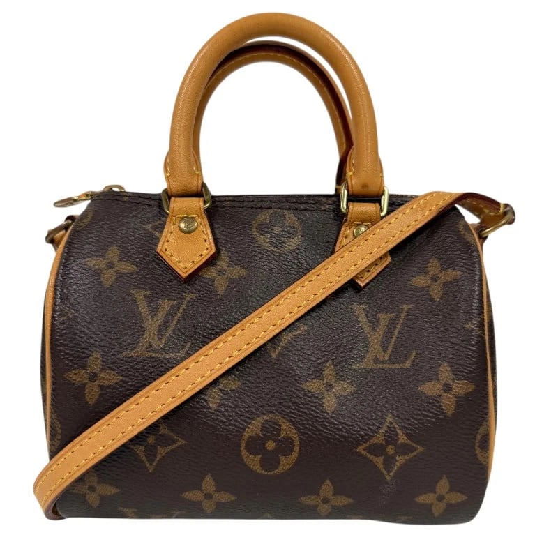 LOUIS VUITTON NANO SPEEDY BROWN MONOGRAM CANVAS SHOULDER BAG: LOUIS VUITTON Nano Speedy Brown Monogram Canvas Shoulder Bag Brand: LOUIS VUITTON Type: Handbag Material: Monogram Canvas Color: Brown Size: W: 15.5cm / H: 12cm / D: 9cm / Shoulder: 117cm Accesso