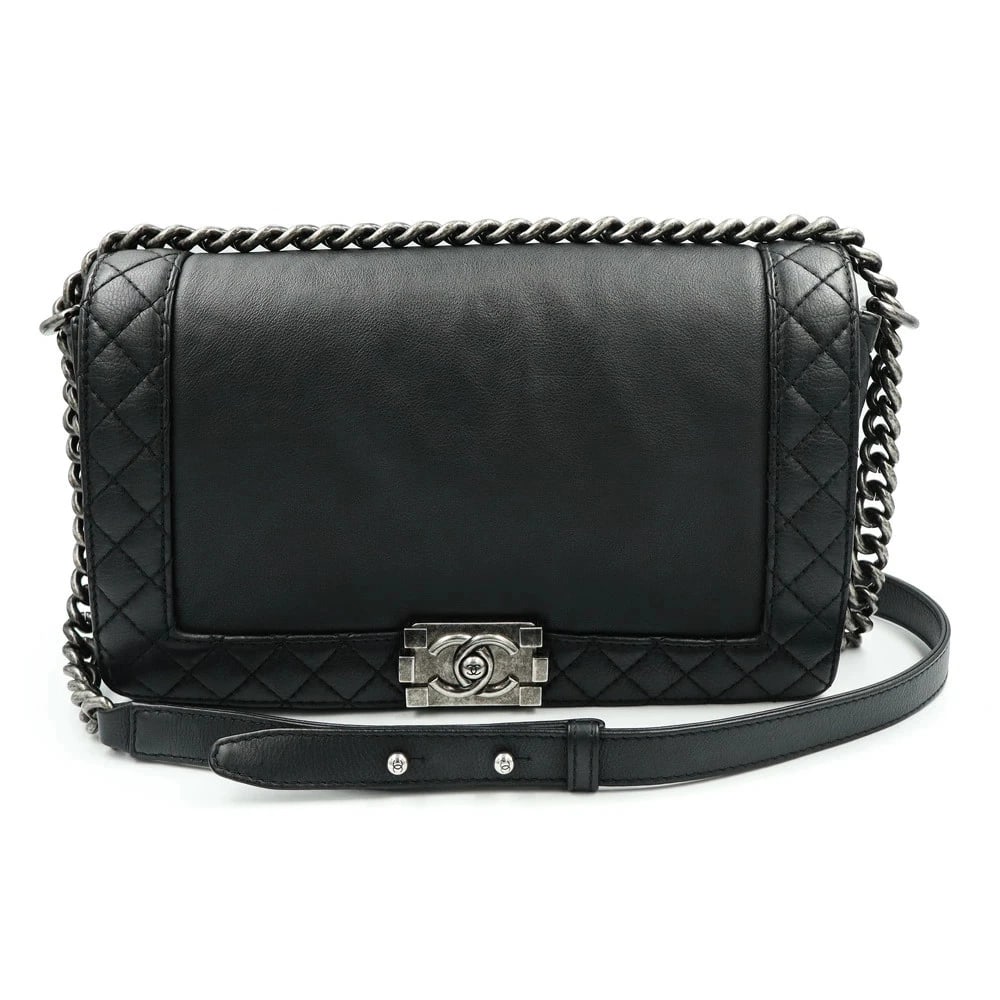 CHANEL COCO MARK BOY CHANEL BLACK SHOULDER BAG: CHANEL Coco Mark Boy Chanel Black Shoulder Bag Brand: CHANEL Type: Handbag Material: Calfskin (Cowhide) Color: Black Size: W:28cm x H:17cm x D:6cm Accessories: None Accessories Notice: Whe
