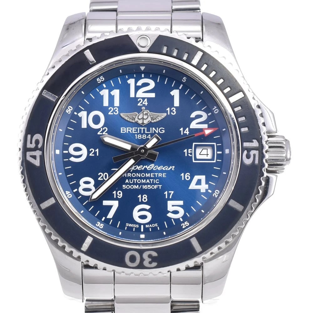 BREITLING SUPER OCEAN BLUE WATCH: BREITLING Super Ocean blue Watch Brand: BREITLING Type: Wristwatch Material: Band Material Stainless Steel, Case Material Stainless Steel Color: Dial Color blue Size: Case size About 42mm