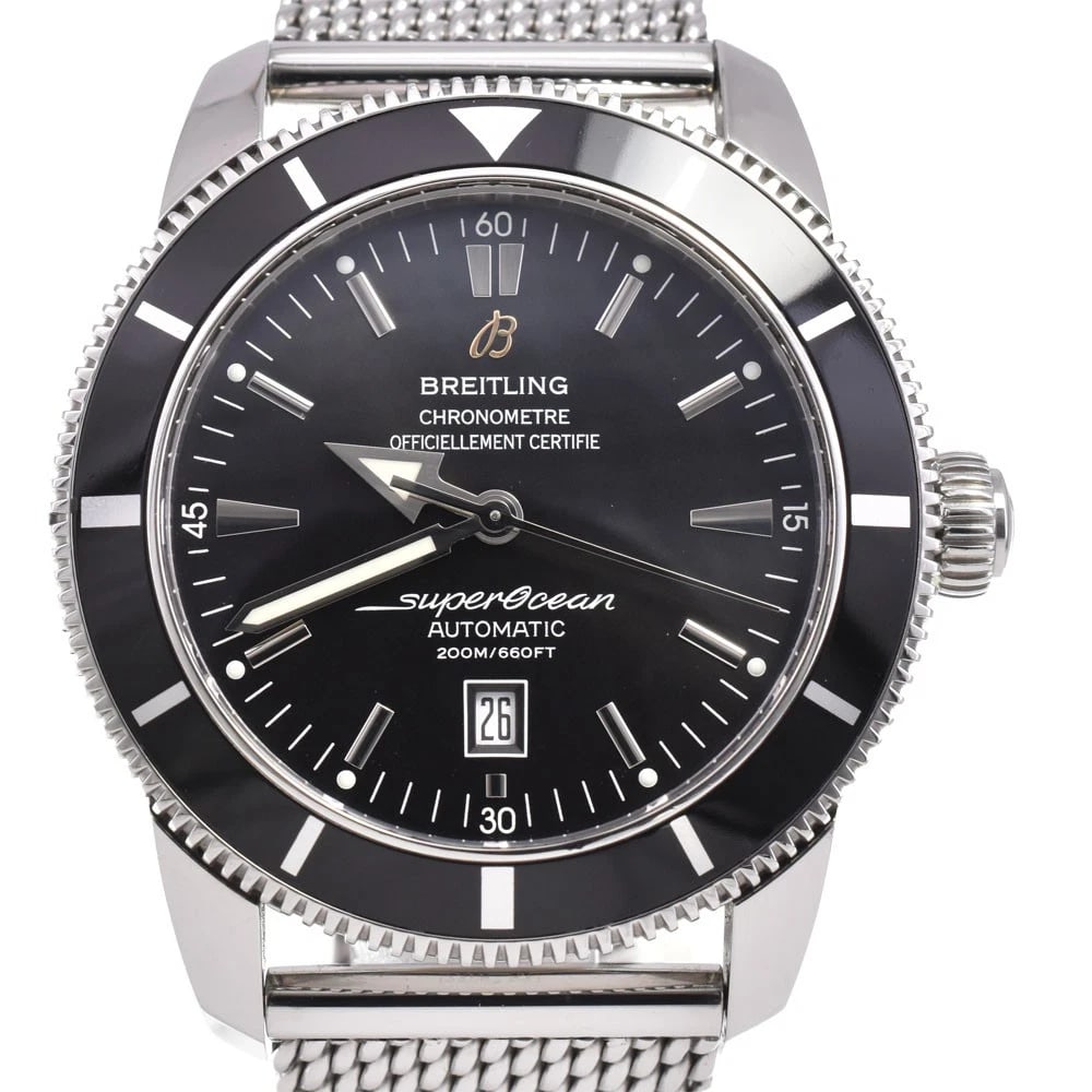 BREITLING SUPER OCEAN HERITAGE WATCH: BREITLING Super Ocean Heritage Watch Brand: BREITLING Type: Wristwatch Material: Band Material Stainless Steel, Case Material Stainless Steel Color: Dial Color black Size: Case size About 46mm