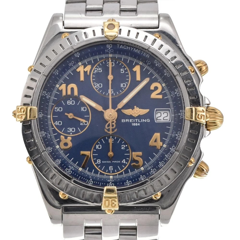 BREITLING CHRONOMAT SS/YG WATCH: BREITLING Chronomat SS/YG Watch Brand: BREITLING Type: Wristwatch Material: Band Material Stainless Steel/YG, Case Material Stainless Steel/YG Color: Dial Color blue Size: Case size About 39mm
