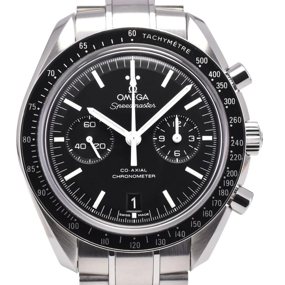 OMEGA SPEEDMASTER CO AXIAL WATCH: OMEGA Speedmaster CO AXIAL Watch Brand: OMEGA Type: Wristwatch Material: Band Material Stainless Steel, Case Material Stainless Steel Color: Dial Color black Size: Case size About 44mm