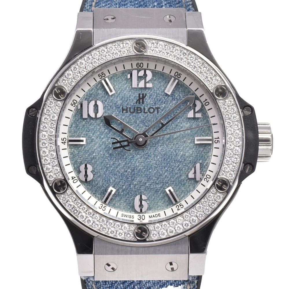 HUBLOT BIGBANG WATCH: HUBLOT BIGBANG Watch Brand: HUBLOT Type: Wristwatch Material: Band Material Denim/Rubber, Case Material Stainless Steel / Titanium Color: Dial Color blue Size: Case size About 38mm (1.5inch) (not