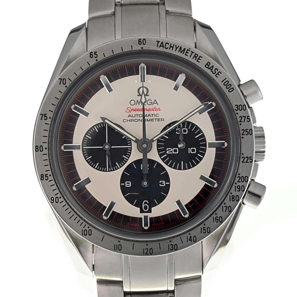 OMEGA SPEEDMASTER SCHUMACHER CHRONOGRAPH: OMEGA Speedmaster Schumacher Chronograph Brand: OMEGA Type: Wristwatch Material: Band Material Stainless Steel, Case Material Stainless Steel Color: Dial Color silver/black Size: Case size