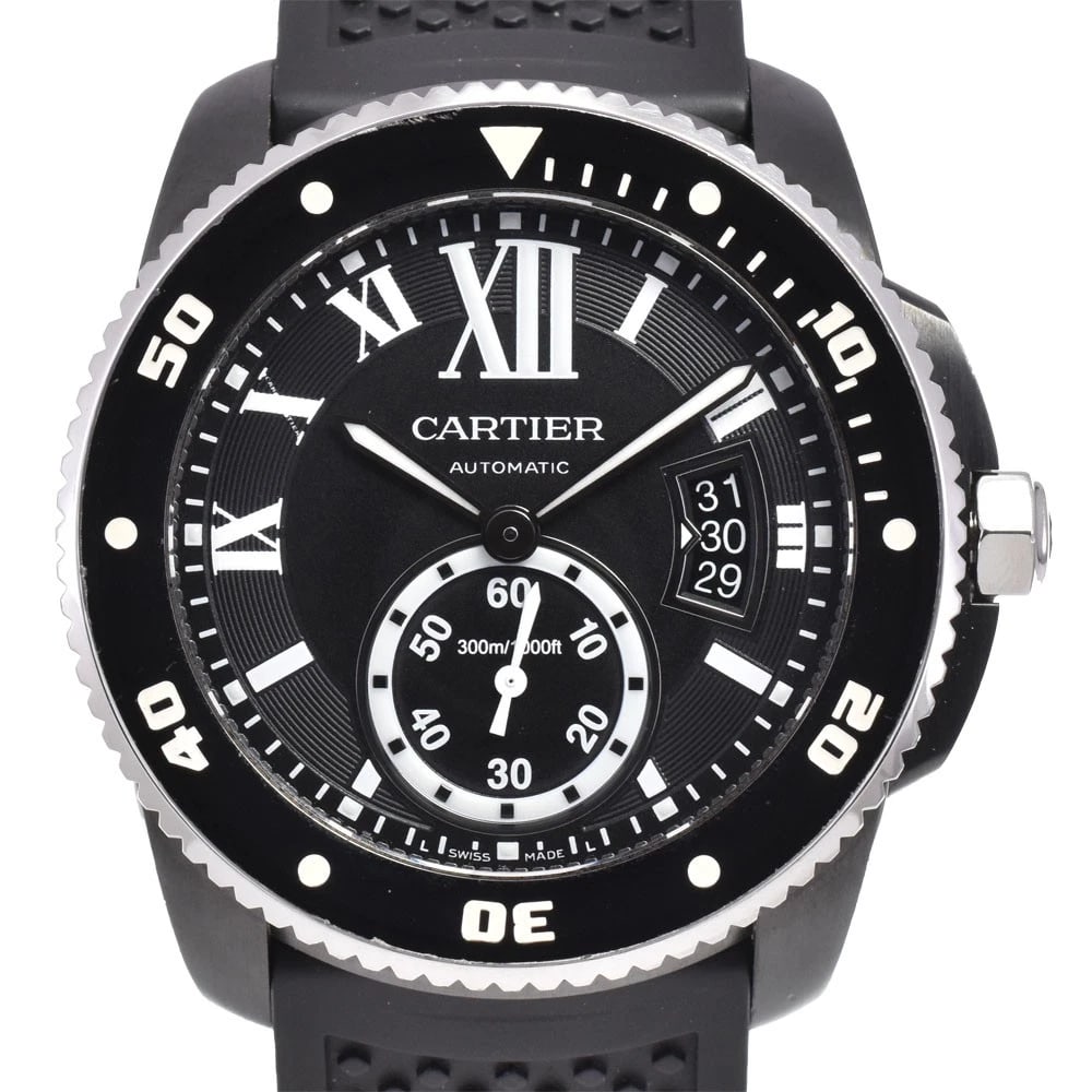 CARTIER CALIBUR WATCH: CARTIER Calibur watch Brand: CARTIER Type: Wristwatch Material: Band Material rubber, Case Material Stainless Steel Color: Dial Color black Size: Case size About 43mm (1.7inch) (not including