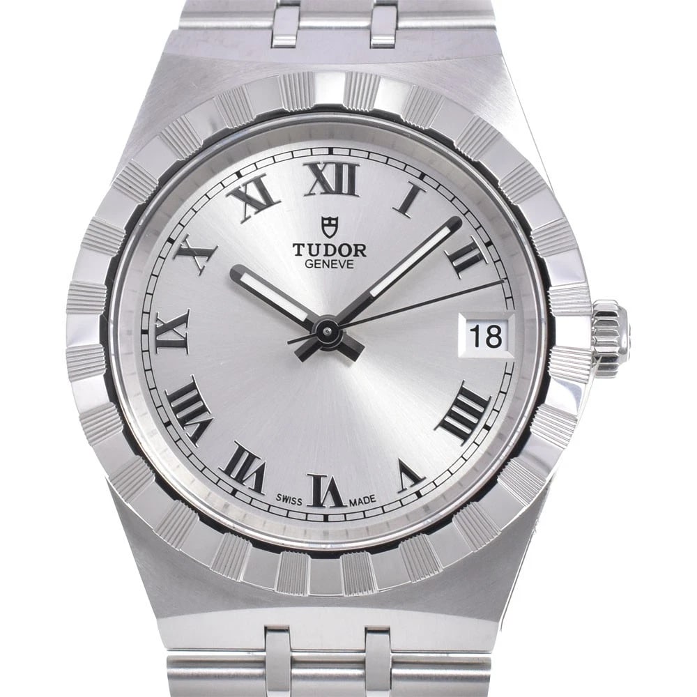TUDOR ROYAL STAINLESS STEEL WATCH: TUDOR Royal Stainless Steel Watch Brand: TUDOR Type: Wristwatch Material: Band Material Stainless Steel, Case Material Stainless Steel Color: Dial Color silver Size: Case size About 34mm