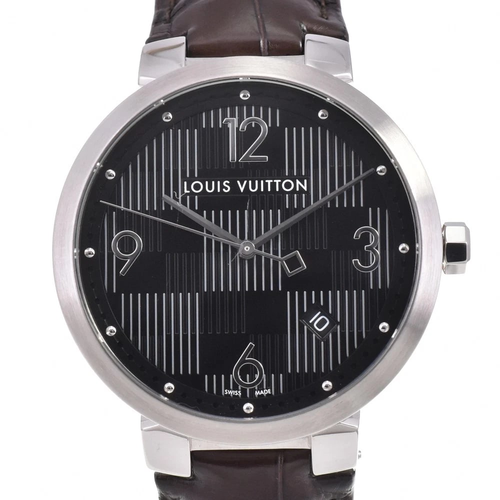 LOUIS VUITTON WATCH: LOUIS VUITTON Watch Brand: LOUIS VUITTON Type: Wristwatch Material: Band Material leather, Case Material Stainless Steel Color: Dial Color black Size: Case size About 39mm (1.5inch) (not including
