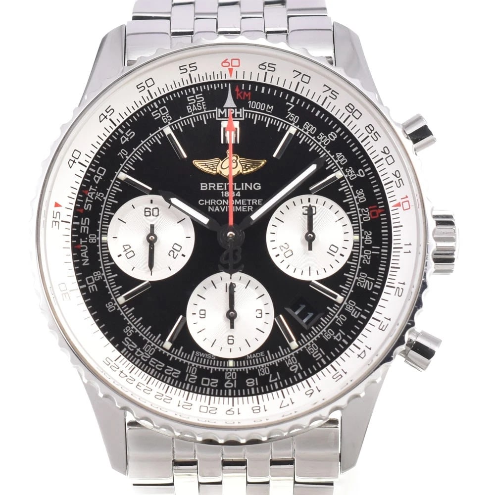 BREITLING NAVITIMER CHRONOGRAPH BLACK: BREITLING Navitimer Chronograph black Brand: BREITLING Type: Wristwatch Material: Band Material Stainless Steel, Case Material Stainless Steel Color: Dial Color black Size: Case size About 42mm (1