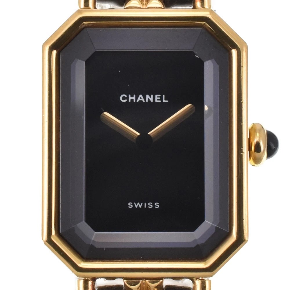 CHANEL GOLD PLATED LEATHER WATCH: CHANEL Gold Plated Leather Watch Brand: CHANEL Type: Wristwatch Material: Band Material Gold Plated / Leather, Case Material Gold Plated Color: Dial Color black Size: Case size About 20mm