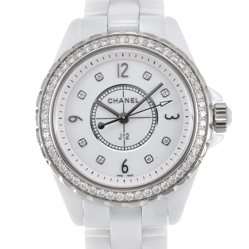CHANEL J12 DIAMOND WHITE WATCH: CHANEL J12 diamond white Watch Brand: CHANEL Type: Wristwatch Material: Band Material ceramic, Case Material ceramic Color: Dial Color white Size: Case size About 34mm (1.3inch) (not including the