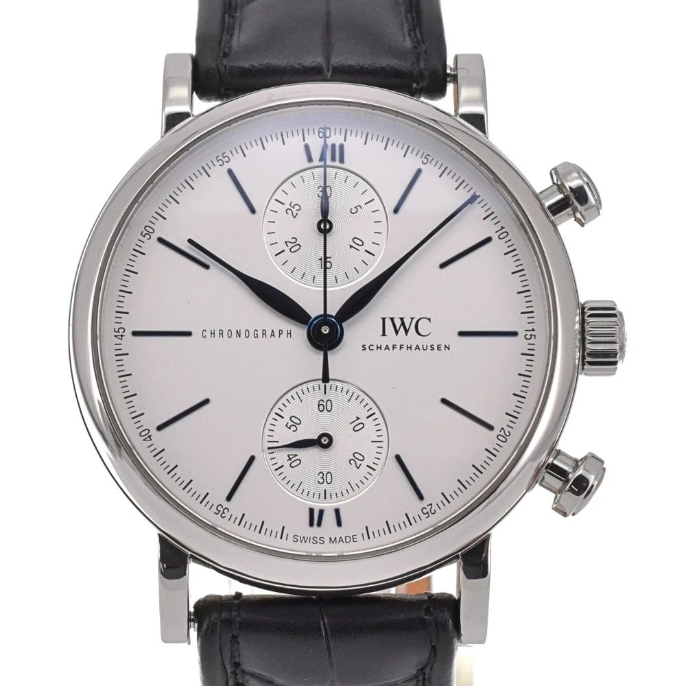 IWC SCHAFFHAUSEN CHRONOGRAPH WATCH: IWC SCHAFFHAUSEN Chronograph Watch Brand: IWC SCHAFFHAUSEN Type: Wristwatch Material: Band Material leather, Case Material Stainless Steel Color: Dial Color silver Size: Case size About 39mm