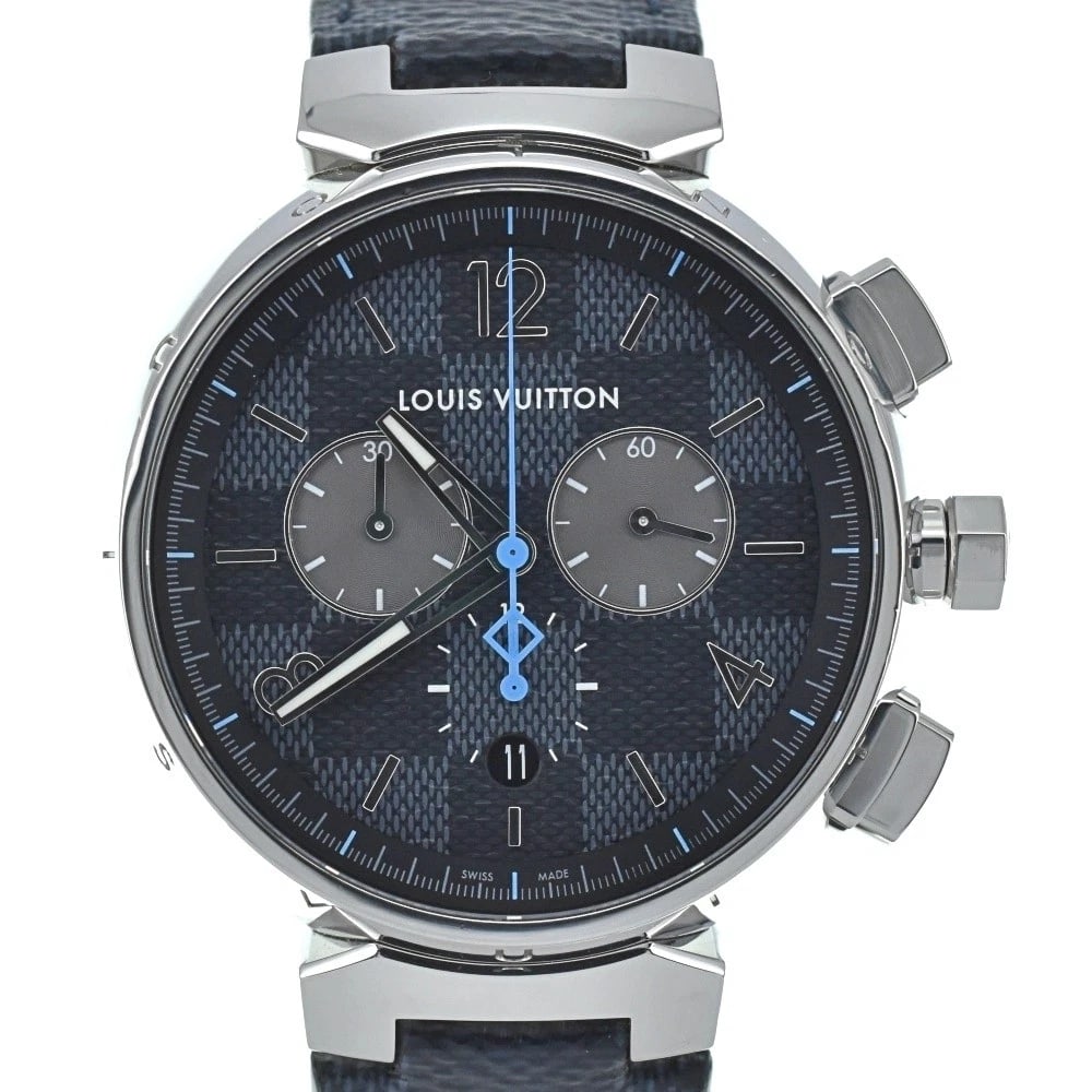 LOUIS VUITTON STAINLESS STEEL WATCH: LOUIS VUITTON stainless steel watch Brand: LOUIS VUITTON Type: Wristwatch Material: Band Material leather, Case Material Stainless Steel Color: Dial Color Navy/Cobalt Size: Case size About 44mm (1