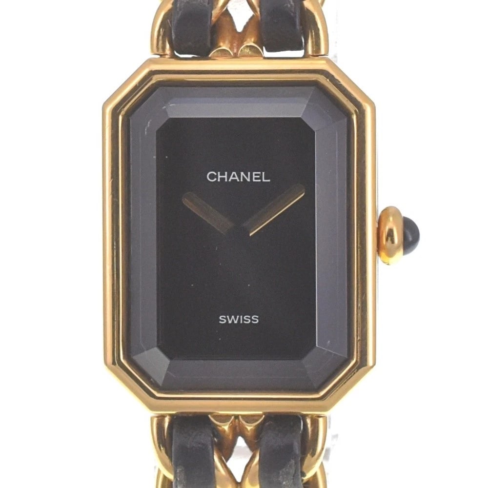 CHANEL S GOLD PLATED LEATHER BLACK WATCH: CHANEL S Gold Plated Leather black Watch Brand: CHANEL Type: Wristwatch Material: Band Material Gold Plated / Leather, Case Material Gold Plated Color: Dial Color black Size: Case sizeAbout