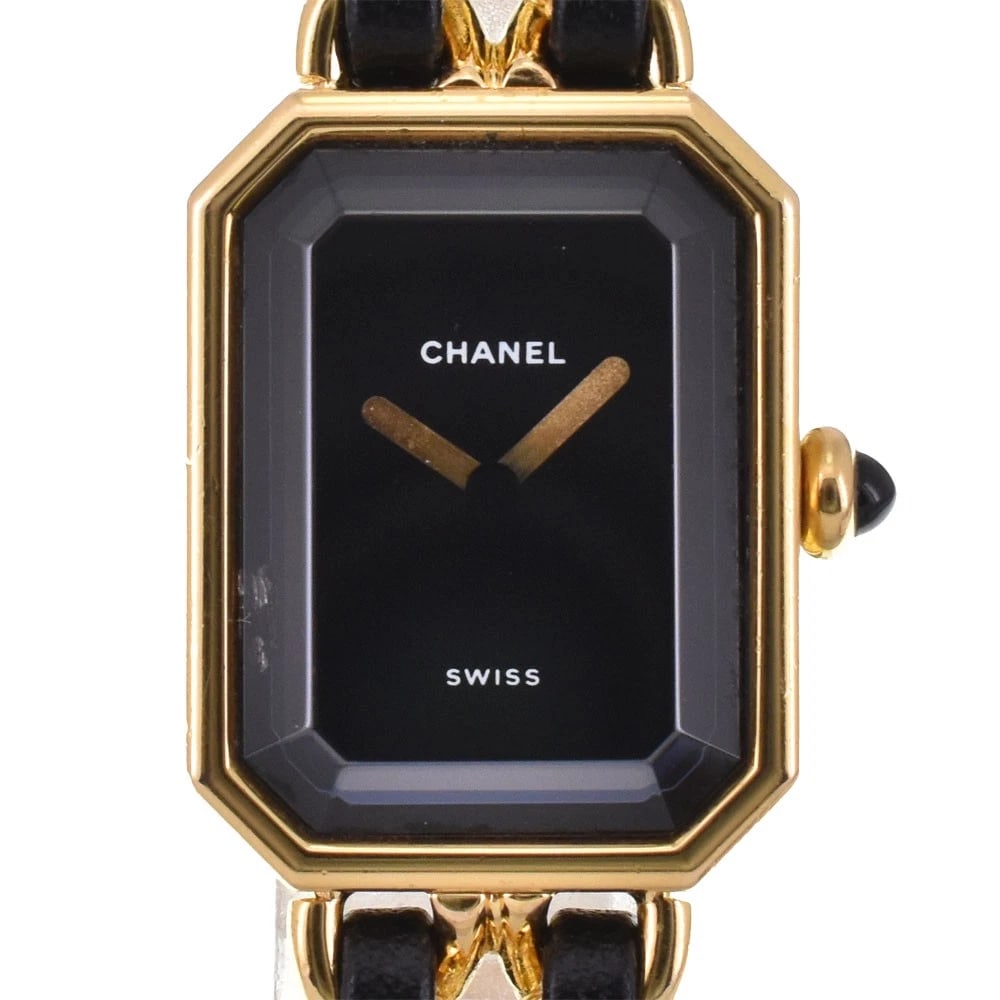 CHANEL GOLD PLATED LEATHER WATCH: CHANEL Gold Plated Leather Watch Brand: CHANEL Type: Wristwatch Material: Band Material Gold Plated / Leather, Case Material Gold Plated Color: Dial Color black Size: Case size About 20mm