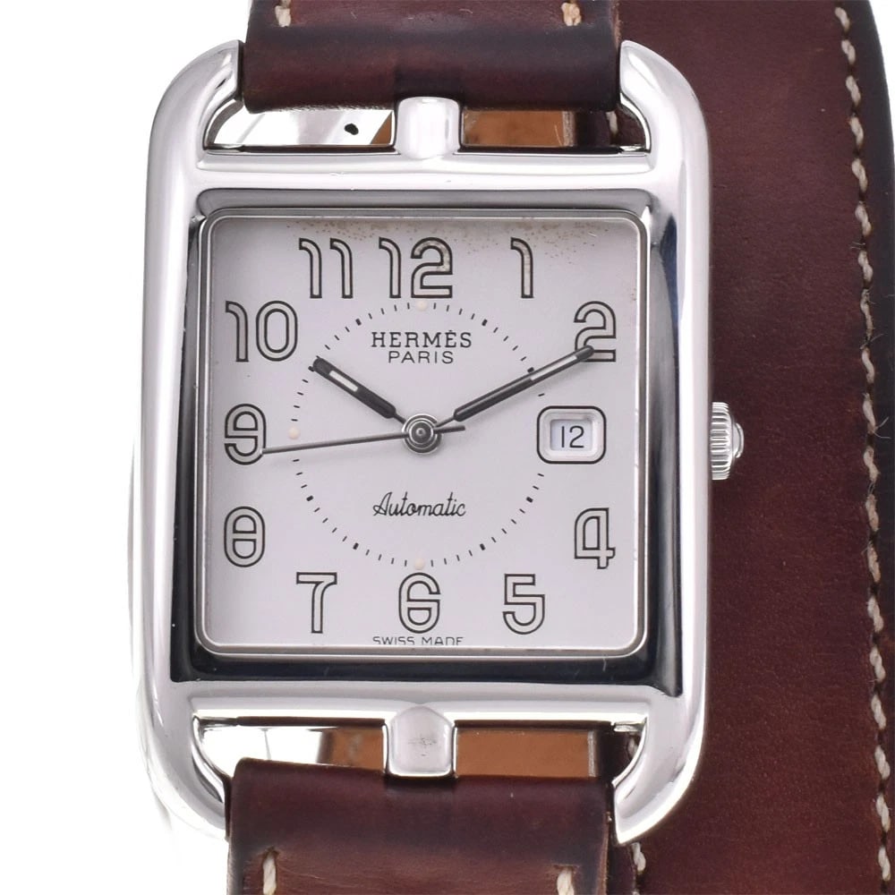 HERMES SILVER WATCH: HERMES Silver Watch Brand: HERMES Type: Wristwatch Material: Band Material leather, Case Material Stainless Steel Color: Dial Color silver Size: Case size About 29mm (1.1inch) (not including