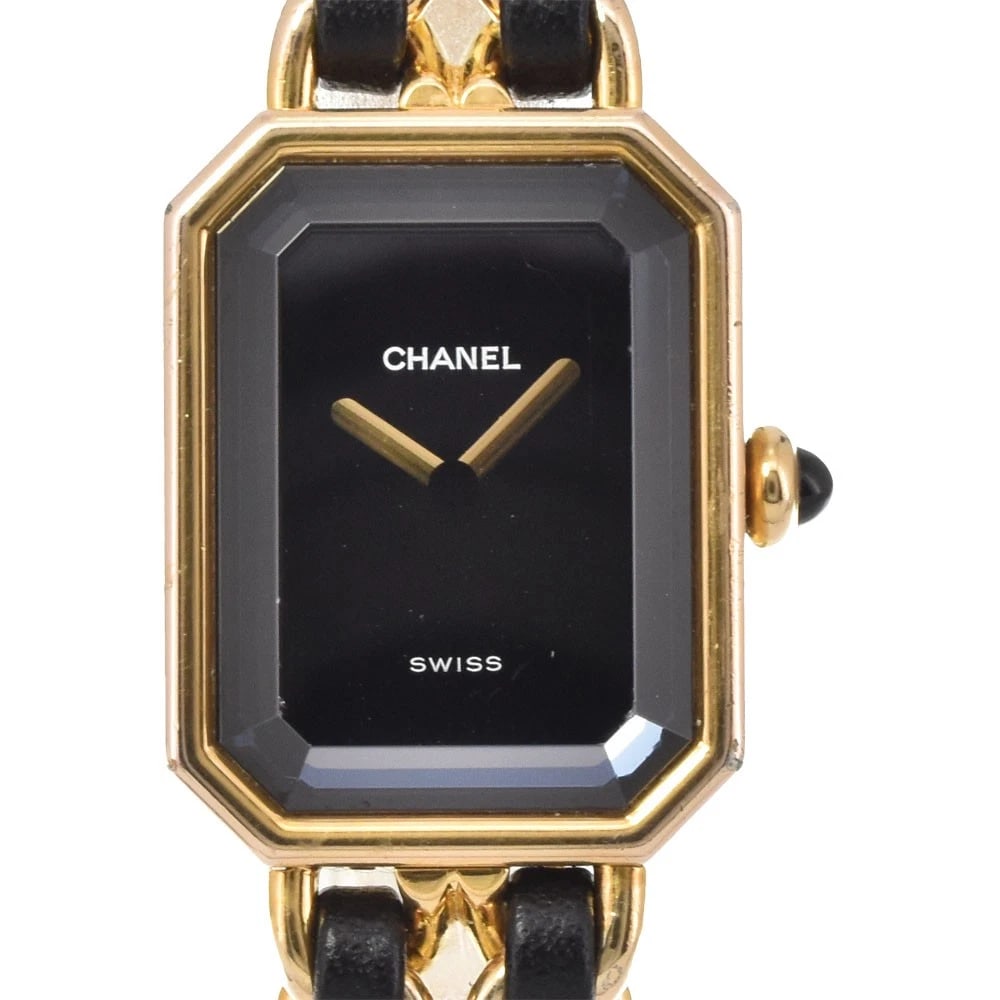 CHANEL GOLD PLATED LEATHER BLACK WATCH: CHANEL Gold Plated Leather black Watch Brand: CHANEL Type: Wristwatch Material: Band Material Gold Plated / Leather, Case Material Gold Plated Color: Dial Color black Size: Case size About