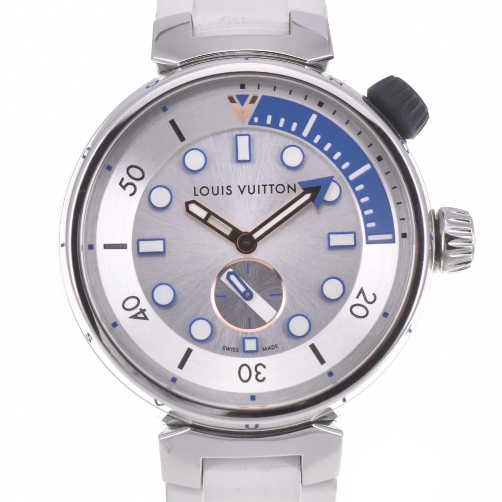 LOUIS VUITTON STAINLESS STEEL: LOUIS VUITTON Stainless Steel Brand: LOUIS VUITTON Type: Wristwatch Material: Band Material rubber, Case Material Stainless Steel Color: Dial Color silver Size: Case size About 39mm (1.5inch) (not