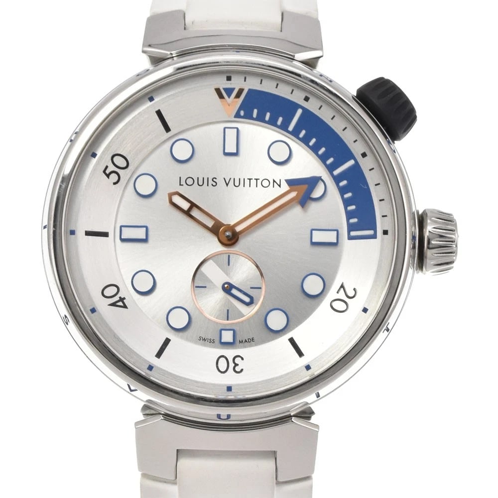 LOUIS VUITTON STAINLESS STEEL WATCH: LOUIS VUITTON Stainless Steel watch Brand: LOUIS VUITTON Type: Wristwatch Material: Band Material rubber, Case Material Stainless Steel Color: Dial Color silver Size: Case size About 42mm (1.7inch