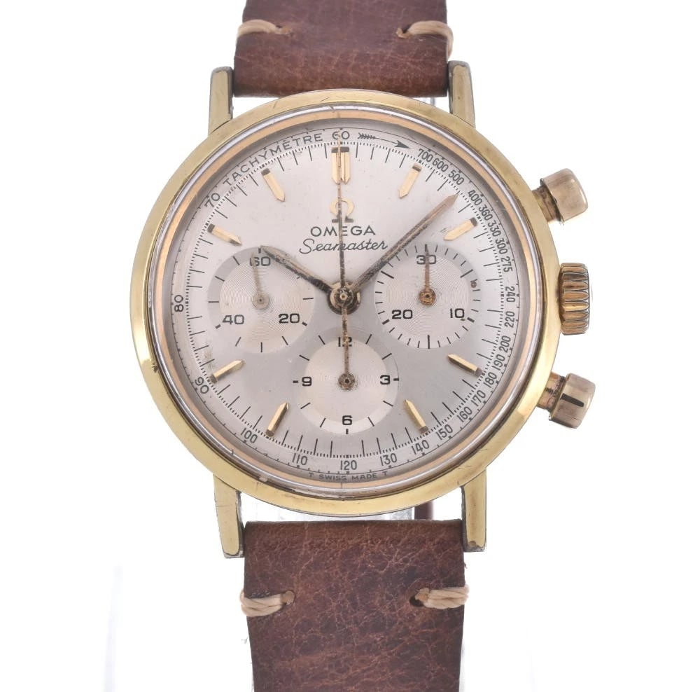 OMEGA SEAMASTER CHRONOGRAPH WATCH: OMEGA Seamaster Chronograph WATCH Brand: OMEGA Type: Wristwatch Material: Band Material leather, Case Material Gold Plated Color: Dial Color silver Size: Case size About 35mm (1.4inch) (not includ