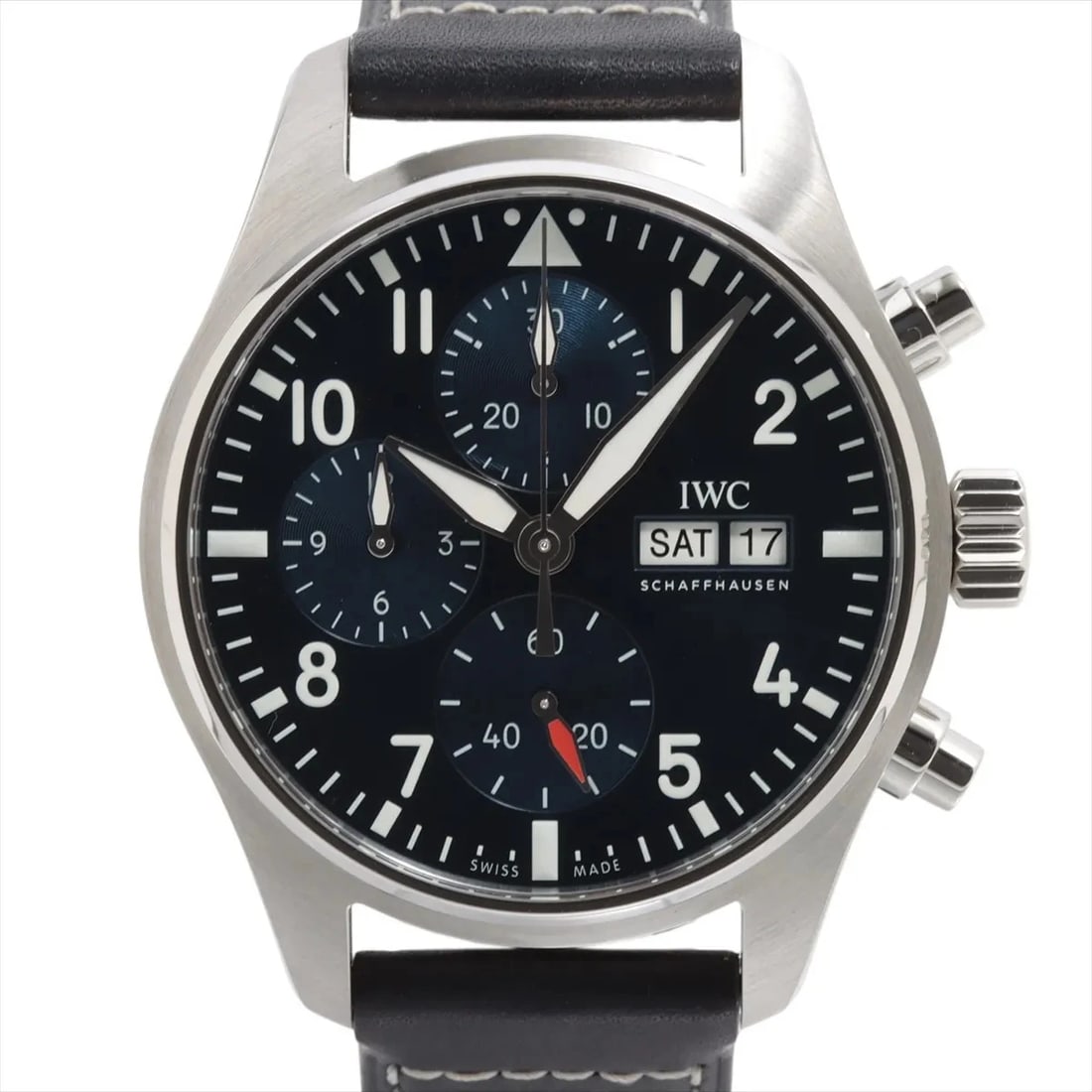 IWC PILOT WATCH CHRONOGRAPH SS & LEATHER BLUE: IWC Pilot Watch Chronograph SS & Leather blue Brand: IWC Type: Wristwatch Material: SS & Leather Color: Dial Color blue Size: Case:W1.2 x H1.2inch / W39 x H39 Circumference of Wrist:7.5inch / 19