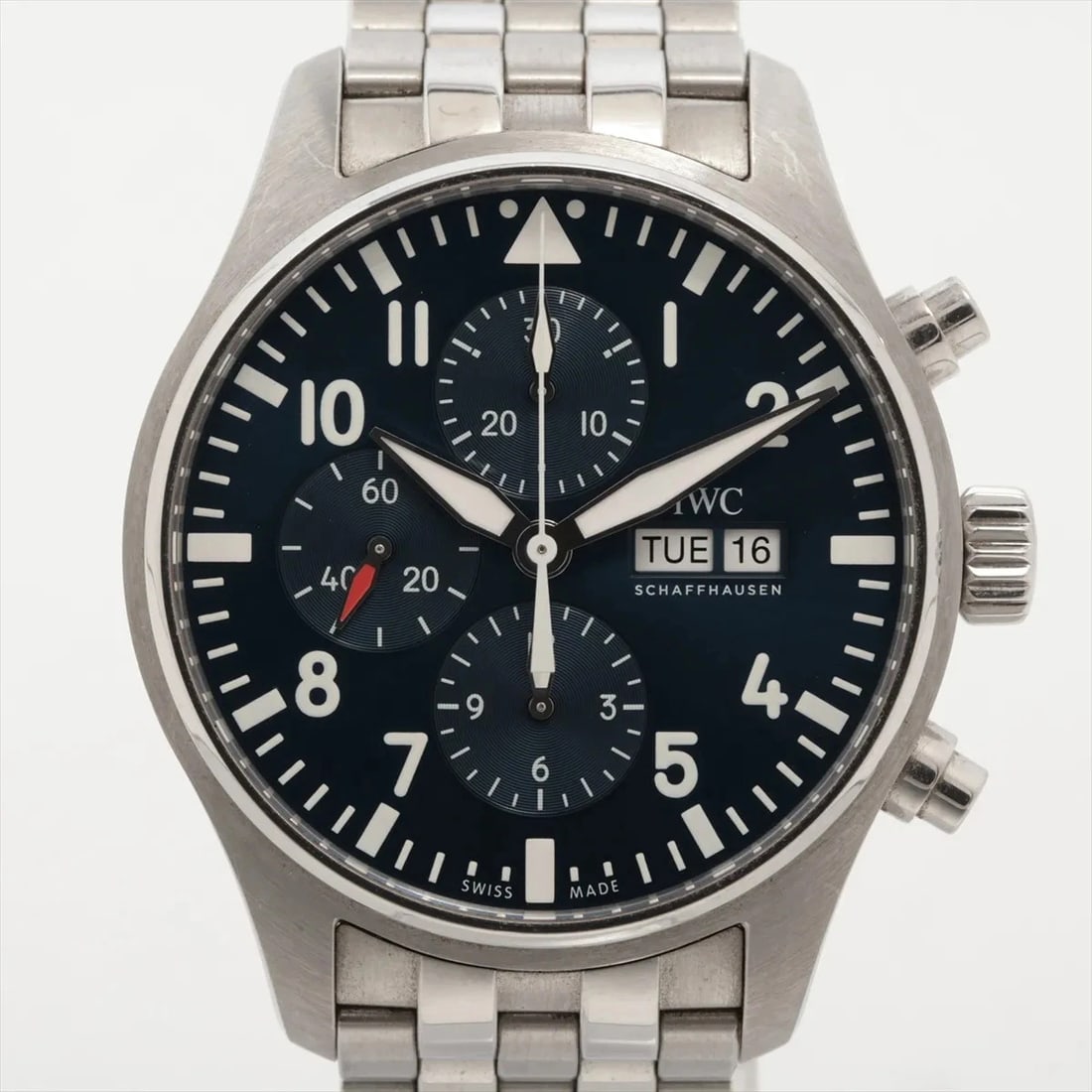 IWC PILOT WATCH CHRONOGRAPH SS BLUE: IWC Pilot Watch Chronograph SS blue Brand: IWC Type: Wristwatch Material: SS Color: Dial Color blue Size: Case:W1.6 x H1.6inch / W43 x H43Circumference of Wrist:6.7inch / 17.0 Accessories:
