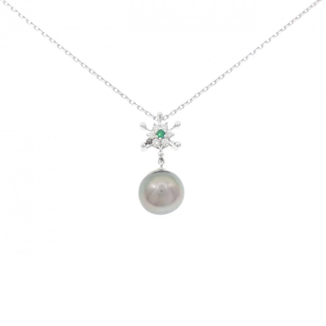 K18WG/750WG BLACK PEARL NECKLACE: K18WG/750WG Black pearl Necklace Brand: Unbranded Type: Black pearl Necklace Material: 18K White Gold/750 White Gold, Main Stone/Creation Black PearlSecondary Stone Emerald Color: White Gold 