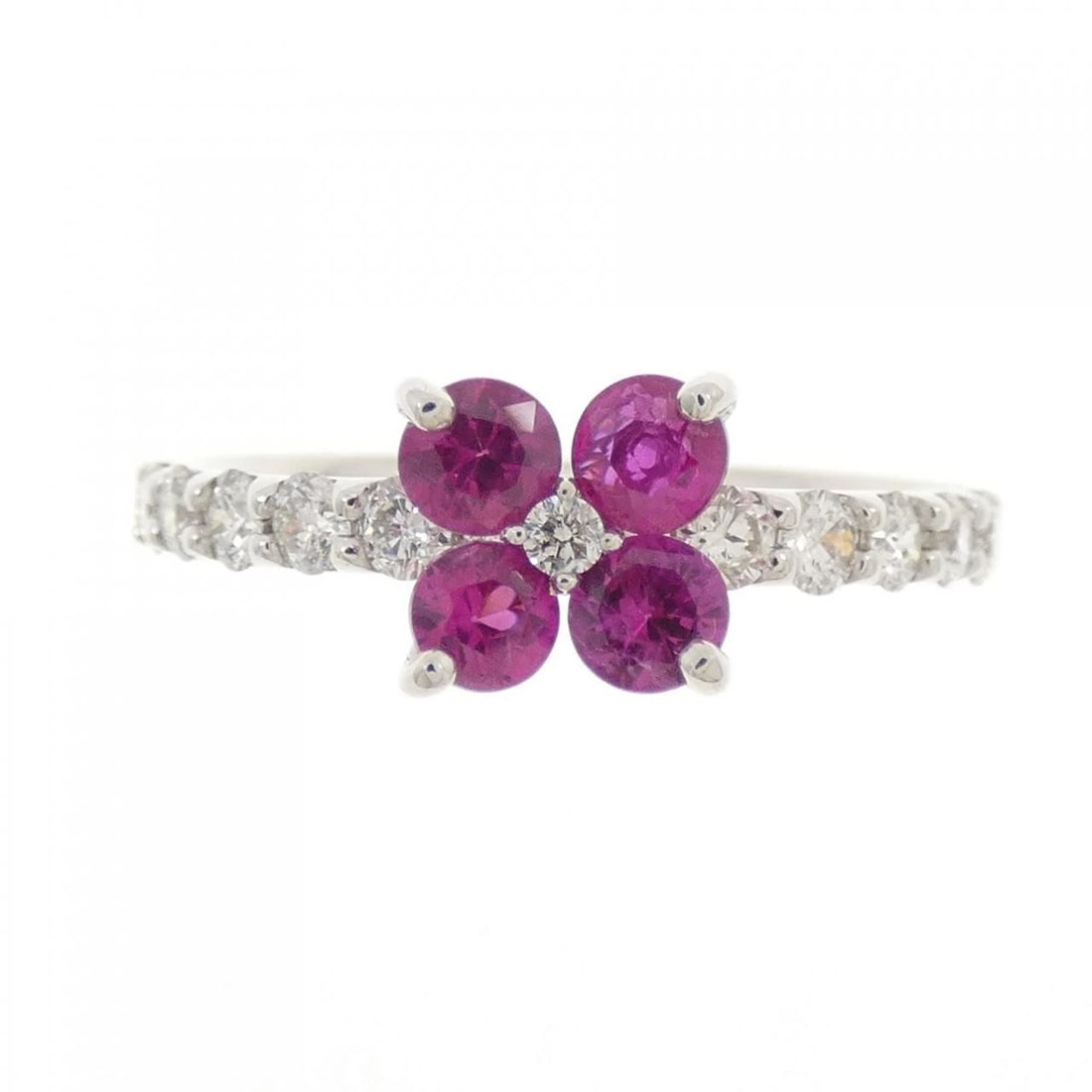 K18WG FLOWER RUBY RING: K18WG Flower Ruby Ring Brand: Unbranded Type: Ruby Ring Material: K18 white gold, Main Stone/Creation RubySecondary Stone Natural Color: White Gold Size: US 6 Accessories: None Accessories