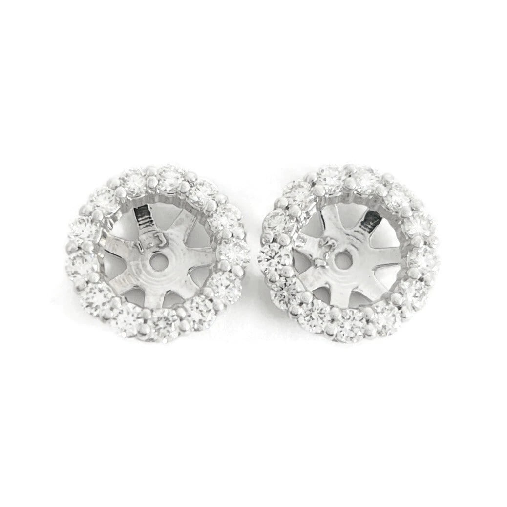 ROUND DIAMOND HALO EARRING JACKETS ENHANCERS 14K WHITE GOLD: Round Diamond Halo Earring Jackets Enhancers 14K White Gold Brand: Unbranded Type: Earrings Material: 14K white gold, Main Stone/Creation Natural Color: Silver Size: Diameter: 11 mm Accessories: