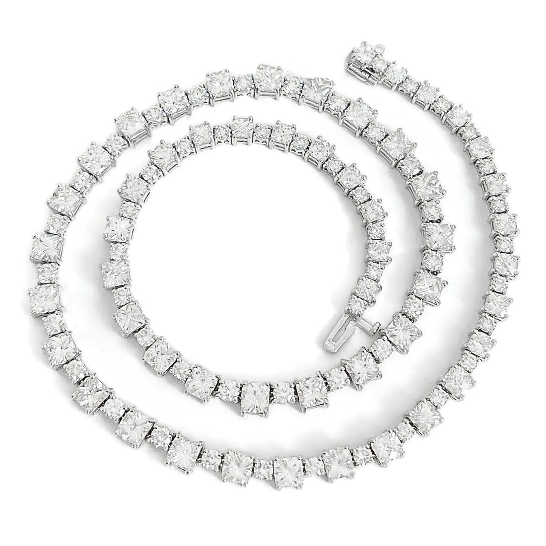 CUSHION CUT ROUND DIAMOND TENNIS STATEMENT NECKLACE: Cushion Cut Round Diamond Tennis Statement Necklace Brand: Unbranded Type: Necklace Material: Pt900, Main Stone/Creation Natural Color: Silver Size: Length: 16.5 inches Width: 6 mm in middle; 4.5