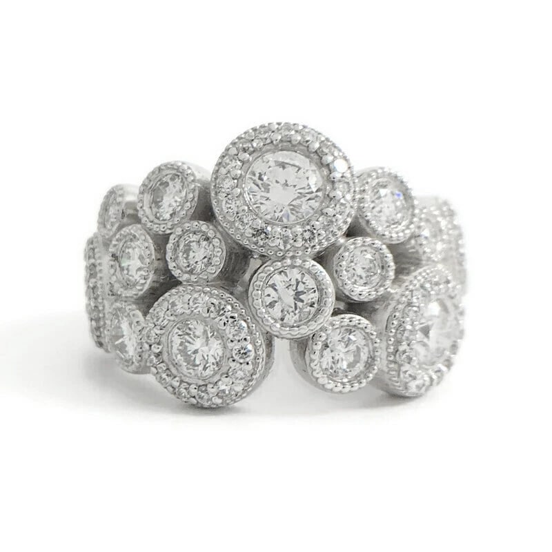 WIDE MILGRAIN BEZEL DIAMOND STATEMENT COCKTAIL RING: Wide Milgrain Bezel Diamond Statement Cocktail Ring Brand: Unbranded Type: Ring Material: 14K white gold, Main Stone/Creation Natural Color: White Size: 5.5 US Accessories: None Accessories