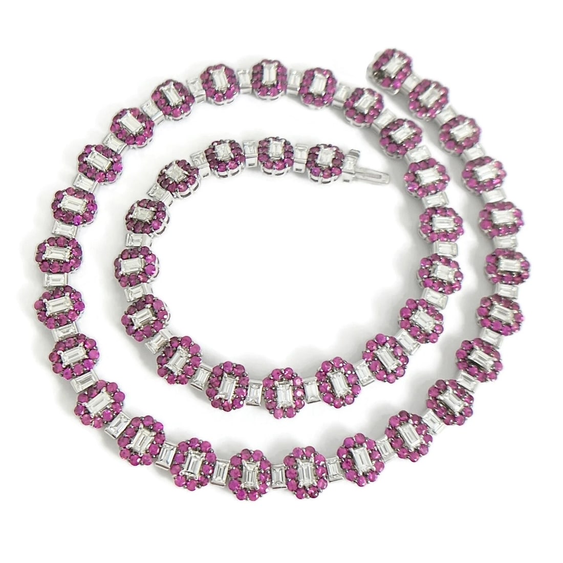 PINK TOURMALINE EMERALD CUT DIAMOND HALO FANCY NECKLACE: Pink Tourmaline Emerald Cut Diamond Halo Fancy Necklace Brand: Unbranded Type: Necklace Material: 18K white gold, Main Stone/Creation Natural Color: Pink Size: Length: 16 inches Width: 8.4 mm 