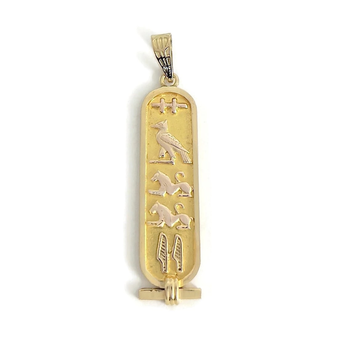 LONG CARTOUCHE HIEROGLYPHIC NECKLACE PENDANT CHARM: Long Cartouche Hieroglyphic Necklace Pendant Charm Brand: Estate Type: Pendant Material: 18K yellow gold, Color: Gold Size: Measurements: 1.75 inch (with bale) x 10 mm Accessories: None