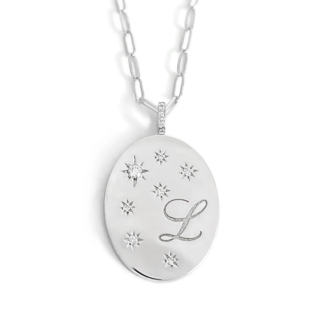 LETTER L INITIAL DIAMOND DISC PAPERCLIP PENDANT NECKLACE: Letter L Initial Diamond Disc Paperclip Pendant Necklace Brand: Unbranded Type: Necklace Material: 14K white gold, Main Stone/Creation Natural Color: Silver Size: Length: 20 inches Pendant: 1.25 i