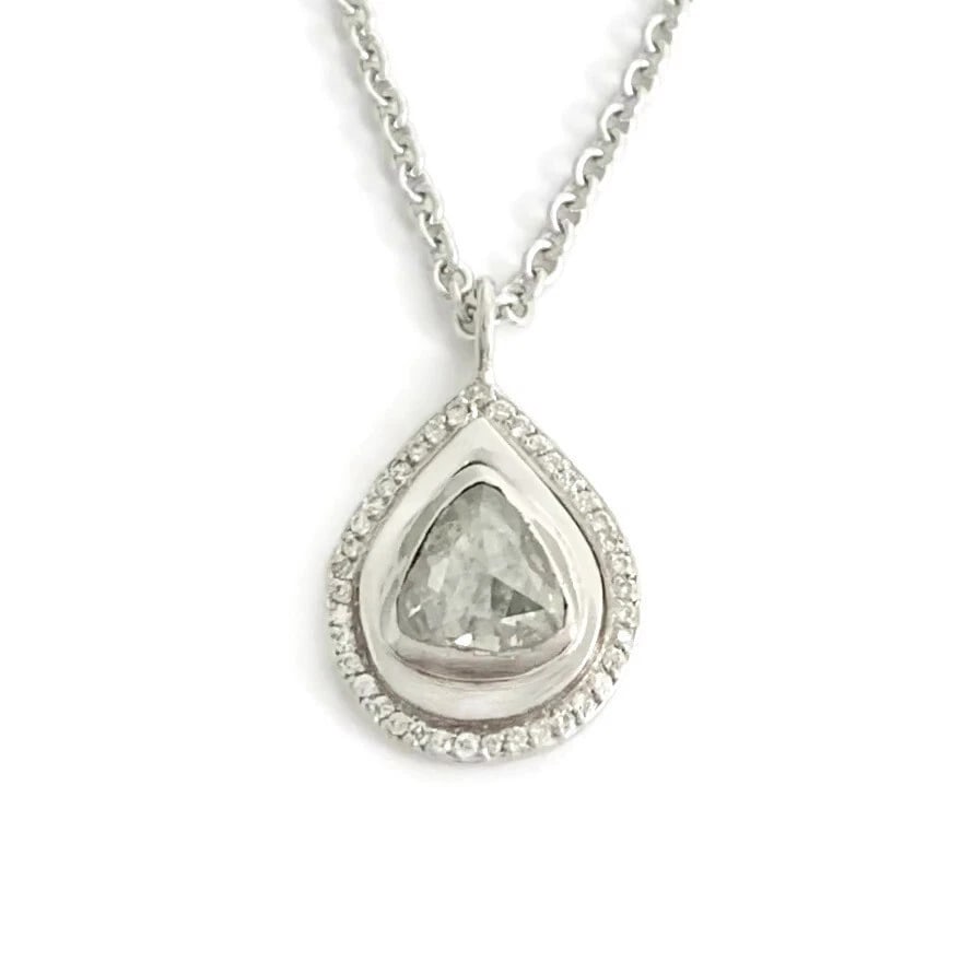 ANTIQUE ROSE CUT DIAMOND TEARDROP HALO PENDANT NECKLACE: Antique Rose Cut Diamond Teardrop Halo Pendant Necklace Brand: Unbranded Type: Necklace Material: 14K white gold, Main Stone/Creation Natural Color: Silver Size: Length: 16 inches Pendant: 17 mm (