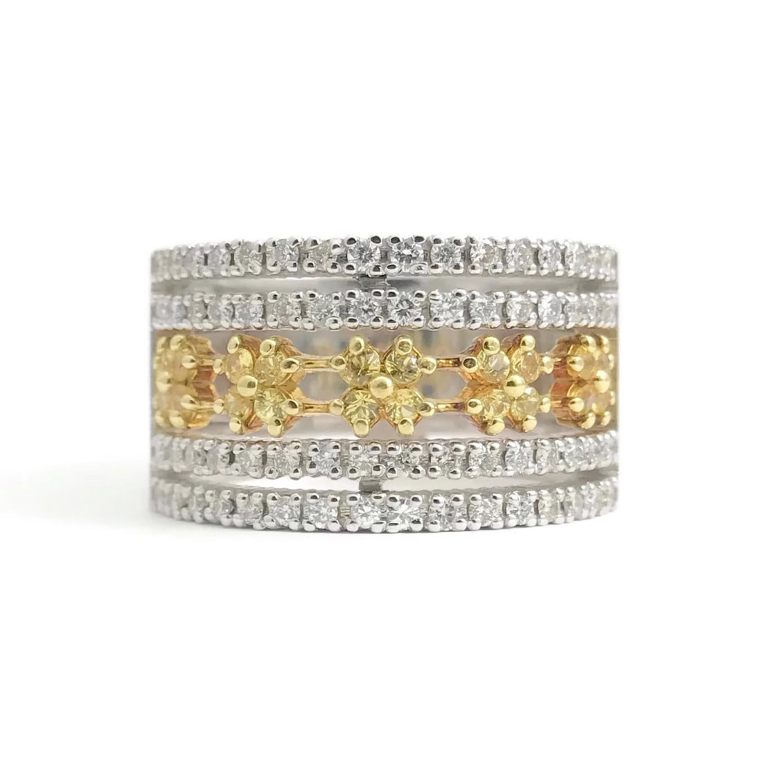 WIDE YELLOW SAPPHIRE DIAMOND FLOWER RING 14K WHITE GOLD: Wide Yellow Sapphire Diamond Flower Ring 14K White Gold Brand: Unbranded Type: Ring Material: 14K white gold, Main Stone/Creation Natural Color: Yellow Size: 11.5 US Accessories: None Acce